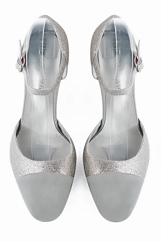 Pearl grey and light silver women's open side shoes, with an instep strap. Round toe. Medium block heels. Top view - Florence KOOIJMAN